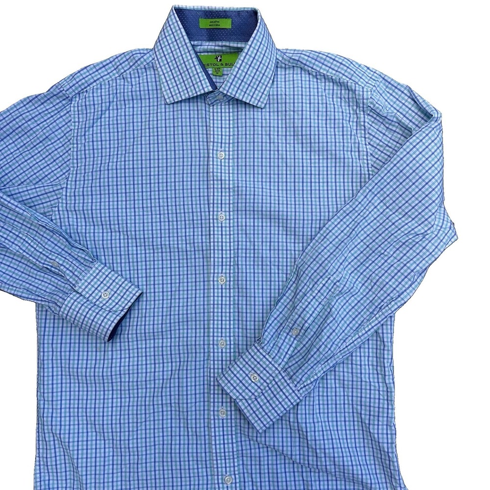 Bristol & Bull Mens M Long Sleeve Button Up Green Blue Plaid Cotton Shirt